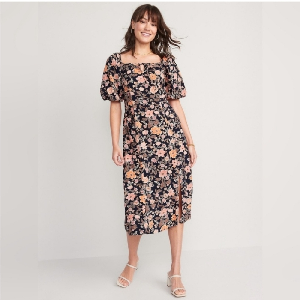Old Navy Orange & Pink Floral-Print Pintuck Puff-Sleeve Smocked-Back Midi Dress